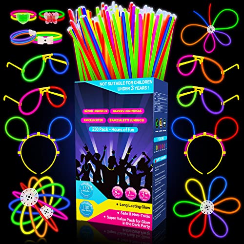 Millegu Knicklichter Party Set,100 Stück Leuchtstäbe 130 Verbinder,Neon Knicklichter Ketten und Leuchtbrillen für Kinder, Deko für Festival Hochzeiten Weihnacht Party Silvester Deko 2025