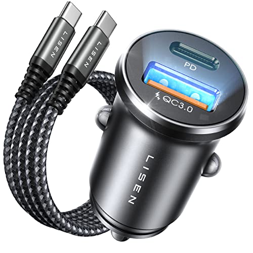 LISEN 54W Zigarettenanzünder USB C PD&QC3.0 12V USB Adapter Auto Ladegerät mit 60W USB C Kabel Metall USB Zigarettenanzünder Adapter KFZ Ladegerät USB C für iPhone 16 Pro Max Plus 15 Samsung IPad