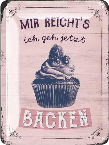 LANOLU Retro Blechschild Mir reichts ich geh backen - Dekoration zum Thema Kuchen, Torte und Plätzchen - vintage Metallschild mit Spruch in Shabby Chic als Wanddeko Küche, 15x20cm