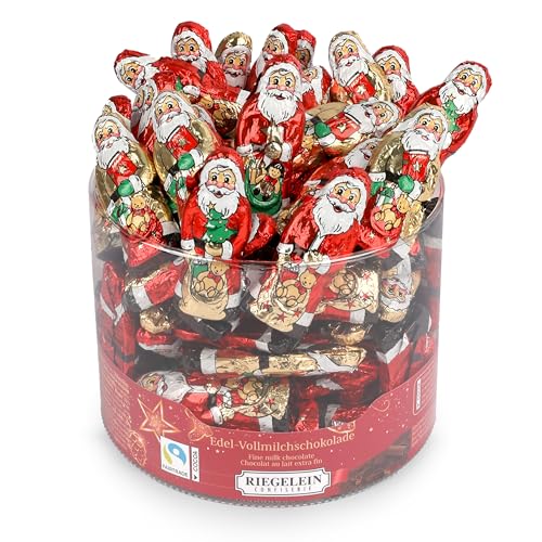 Riegelein Massiv-Weihnachtsmänner in Dose, 525g (70 Stk.) – Fairtrade Vollmilchschokolade einzeln verpackt – Ideal für Adventskalender, Nikolaus & Weihnachten – Schokonikolaus klein