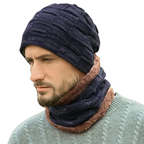 Bequemer Laden Herren Winter Warm Beanie Mütze und Loop Schal Set mit Fleece Gefütterte Thermo Wintermütze Strickmütze Mützen Schlauchschal Schals Geschenk Männer, Einheitsgröße, Marineblau