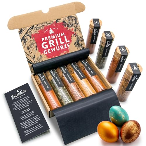 TIMBER TASTE® Grill Gewürze Geschenkset Männer | 5 erlesene BBQ Grillgewürze inkl. Rezepte | Grill Zubehör Ostern Geschenke für Männer | Gewürze Set Ostergeschenke für Erwachsene | Gewürzset