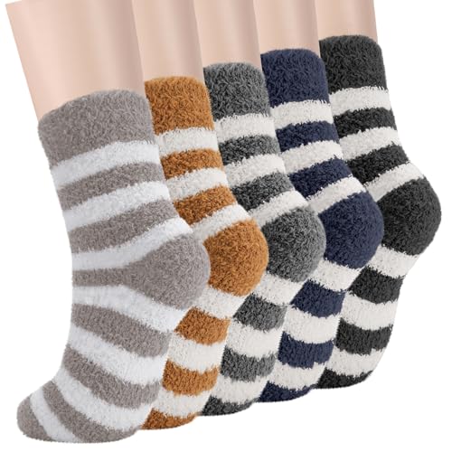 dusaniyali 5 Paar Thermosocken Wintersocken Damen Herren Flauschige Socken Kuschel Socken gestreifte Socken,Dicke Weiche Bettsocken Schlafsocken für Herren Damen,Warm Winter Socken,Größe 38-44