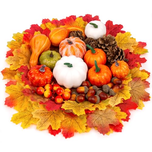 238 Stück Kürbis Deko Set mit Künstlichen Kürbissen, Eicheln, Tannenzapfen, Granatäpfeln und 200 Blatt herbstblätter, Herbstdeko Set für Thanksgiving, Halloween und Herbstparty-Deko