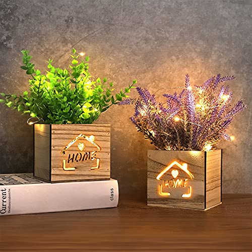 AceList 2 Stück Kunstpflanze mit LED-Lichtern in Holzkiste,11 x 9 x 26cm künstliche Pflanze kunstpflanzen im Topf für Home Office Schreibtisch Küchendekoration, Valentinstag/Muttertag