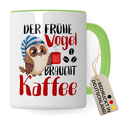 Früher Vogel Tasse lustig Kaffeetasse mit Spruch Kaffee-Becher Moorgenmuffel Humor Geschenk Geschenkidee Der frühe Vogel braucht Kaffee Witz Langschläfer Büro Tasse (Weiß/Grün)