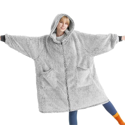 BEDSURE Hoodie Decke mit Ärmeln-Sherpa Kuscheldecke mit Ärmeln Kuschelpullover Tragbare Decke Hoodie als Geschenke für Frauen, Grau