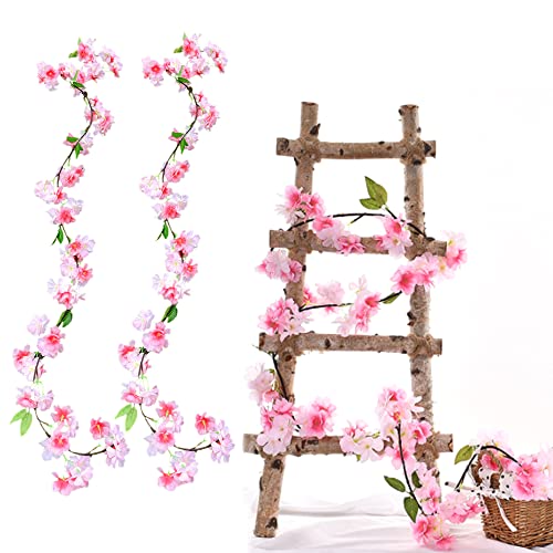 duoyif Künstliche Kirschblüten Girlande Blumenranke, Blumengirlande Seidenblumen Girlande Deko, Blumen Hängend Vines Für Party Hochzeit Garten Zimmer Ostern Frühling Girlande Deko 1,8M 2Stücke (rosa)