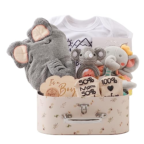 Promise Babe Baby Geschenk Set,Neugeborenen Geschenk zur Geburt Babyparty Badetuch Meilenstein Babydecke Strampler Socken Baby Holz Gehäkelt Greifling Rassel Spielzeug Foto Requisten (For Boy)