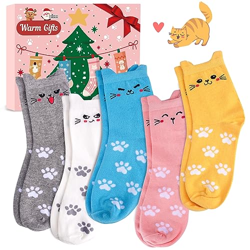 Katzen Socken Damen Weihnachtsgeschenke für Frauen - 5Paar Lustige Socken Teenager Mädchen Geschenke für Frauen Geschenkideen Weihnachten 2024 Nikolaus Geschenke Thermosocken Warm Socken Damen 35-40