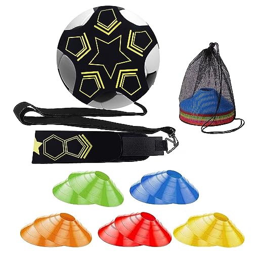 wadafen Fußball Trainingsset - Fußball Kick Trainer 20 Fussball Training Hütchen Sport Set,Fussball Schnur Kick Trainer Verstellbar,Bunt Plastik Slalom Hütchen für Erwachsene Kinder Geschenke