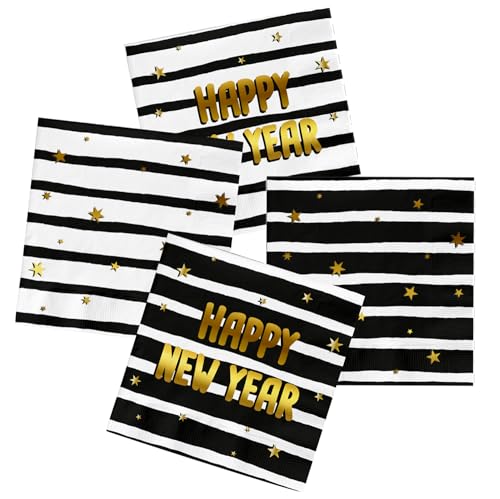 Folat 63756 Servietten-BlackGold HNY-33 x 33 cm-20 Stück-Silvester Deko, Neujahrs Party, Neujahr Silvesterdeko, Frohes Neues Jahr, Happy New Year, Mehrfarbig