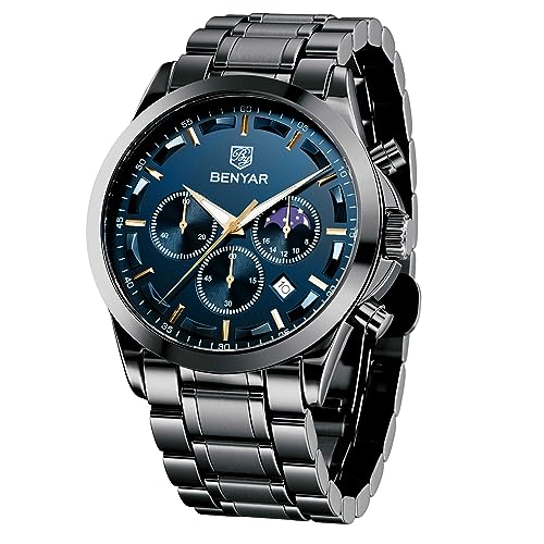 BY BENYAR Uhren Herren Edelstahl Armbanduhr Herren Chronograph Analog Quarz Wasserdicht Herrenuhr Leuchtende Datum Mode Lässig Business-Kleid Uhren Elegantes Geschenk fur Männer