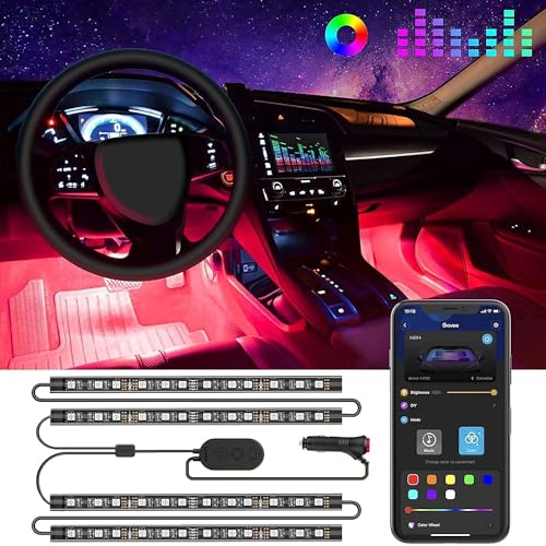 Govee LED Innenbeleuchtung Auto, 4pcs 48 Strip, Upgrade Zwei-Linien-Design, Wasserdicht Beleuchtung APP Steuerbare Mehrfarbig Musik mit Zigarettenanzünder, 12V