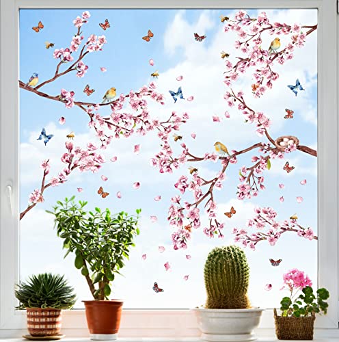 ANHUIB 115 Stück Frühling Deko Fenster Aufkleber,Vögel Fenstersticker,Wandtattoo Blumen Rosa,Fensterbilder Schmetterling,Blumen Wandsticker,Schmetterling Fensteraufkleber für Wohnzimmer Deko