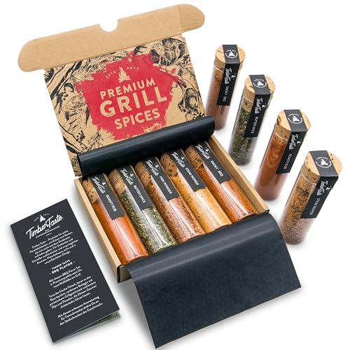 TIMBER TASTE® Grill Gewürze Geschenkset Männer | 5 erlesene BBQ Grillgewürze inkl. Rezepte | Grill Zubehör Geschenke für Männer | Besonderes Gewürze Set für Ihn | Geschenke für Erwachsene | Gewürzset