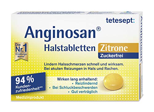 tetesept Anginosan Halstabletten Zitrone - zuckerfrei – Halsschmerztabletten gegen akute Reizungen in Hals & Rachen – 1 x 20 Stück