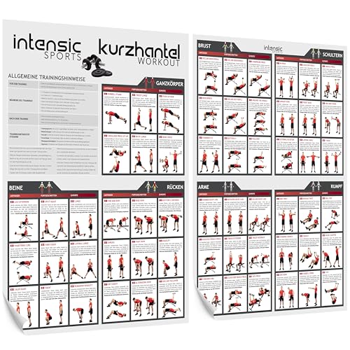 intensic SPORTS Kurzhantel Workout Poster Set | 60 Fitness-Übungen für Hantel-training Muskelaufbau Motivation Homeworkout Fitnessraum Fitness-training zuhause Trainingsplan Dumbbell Sport-poster