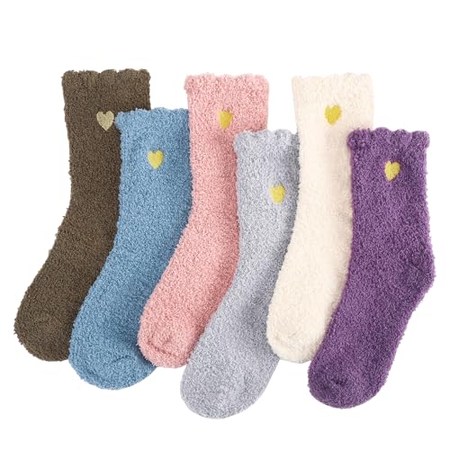 Halinuia Kuschelsocken Damen, 6 Paar Winter Warme flauschige Socken, Haussocken, Korallen-Fleece-Socken, Bettsocken wie Weihnachtsgeschenke für Frauen, Einheitsgröße