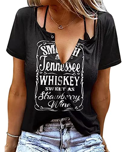 AVOZAL Sommer Oberteile Damen Sexy V Ausschnitt Tshirt Schwarz Country Kurzarm Shirts Casual Tunika Bluse Tops Elegant Ringloch Tees (L, Schwarz)