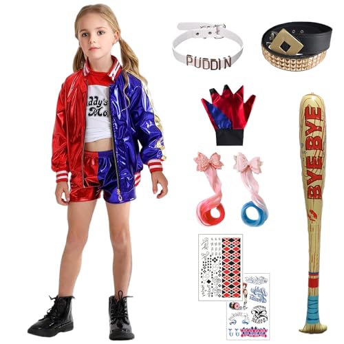 Formemory Quinn Kostüm Damen,Halloween Karneval Kostüm Faschingskostüme Damen mit Handschuhe Jacke T-Shirt Shorts Netzstrümpfe für Halloween Karneval Kostüm Damen (Kinder(9-teiliges Set), 150)