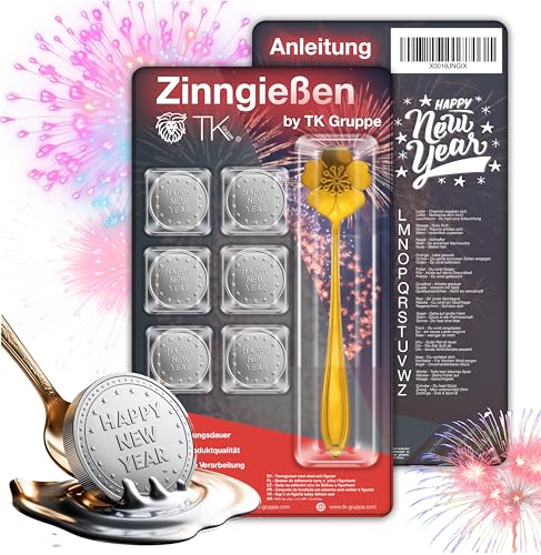 Happysparks® 7er Zinngießen mit Zinn Giessen wie Bleigießen Bleigiessen mit & Löffel & Orakelheft mit Deutungen - Gesellschaftspiele & Partyspiele 2025 Feuerwerk Silvester Neujahr