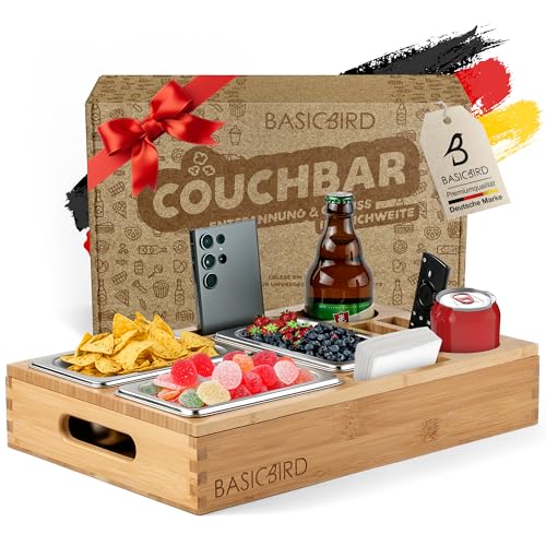 BASICBIRD® Couchbar Snackbox - Organizer Tablett- Snackspender mit 3X Snackschale - Holz Sofatablett für Sofa, Deko, Couch Bar mit Getränkehalter - Snackbox mit Fächern – Wohnmobilausstattung