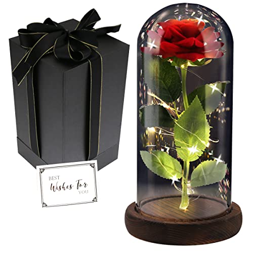 FAYODO Die Schöne und das Biest Ewige Rose, Rote Galaxie Rose Geschenk für Mama, Rose in Einer Glaskuppel mit LED Licht Holzsockel für Freundin Frau am Muttertag Geburtstag Valentinstag Jahrestag