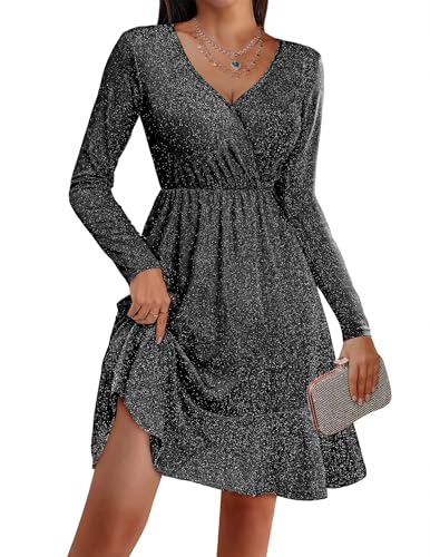 Zeagoo Winterkleid Damen Festlich Kleid Weihnachtskleid Langarm Elegant Abendkleid Knielang Paillettenkleid Bodycon Partykleid Sexy Hoch Taille Cocktailkleid Glitzer Kleider Schwarz XXL