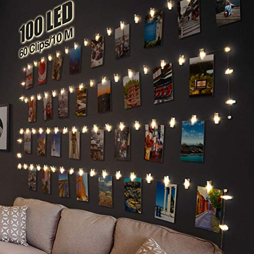 LED Fotoclips Lichterkette für Zimmer Deko, Litogo 10M 100LED Lichterkette mit 60 Klammern für Fotos Lichterkette Wand Batteriebetriebene Lichterkette Bilder für Wohnzimmer, Weihnachten, Hochzeiten