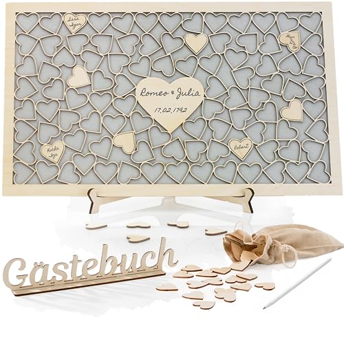 Wedding Gästebuch Hochzeit mit Holzherzen I Perfekt Hochzeitsdeko I 101 Herzen I Holzen Rahmen zum Befüllen I Hochzeitsgästebuch mit Ständer und Informationstafel I Geschenk zum Hochzeitstag