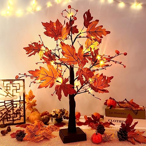 ACAREY Herbstdeko Ahornblatt Baum Lichter mit 24 LEDs, Lichterbaum Für Innen Herbst Deko 61cm Lichterbaum mit Timer, Herbstblätter Deko Halloween Kürbis Deko Für Tisch Herbstdeko Zum Aufhängen