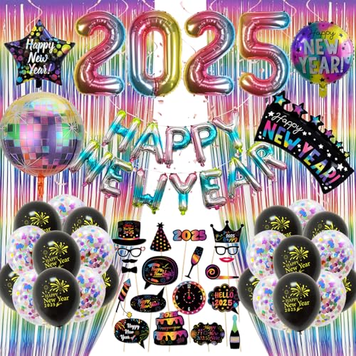 GYESXYW Silvester Deko 2025, Regenbogen Schwarz Neujahr Deko 2025 Happy New Year Banner, 2025 Folienballon Konfetti Luftballons, Glitzer Vorhänge, 2025 Foto Requisite Dekoration Set für Silvesterparty