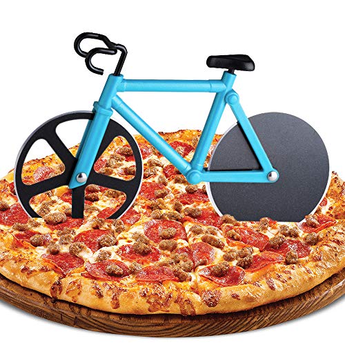 ZAWTR Fahrrad Pizzaschneider, Edelstahl Pizza Schneider Lustige Pizzaroller aus Antihaftbeschichtetem, Doppel Pizza Cutter mit Scharfem Schneiderad & Ständer für Weihnachten Party Geschenke (Blau)