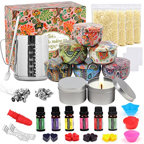 DIY Kerzenherstellung Kit I Kerzen selber Machen Set mit Sojawachs, Dose, Dochte, Dochthalter, Farbstoffe, Bienenwachs, Kerzenglas, Rührlöffel，Schmelztopf als Frauen Geschenk, Kindertag Geschenk