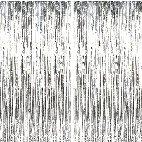 Jonami 2 Lametta Vorhänge Silber, Folie Fransen Vorhang Schimmer, Metallic Tinsel Vorhange Hintergrund Fringe Glitzervorhänge Fransenvorhang Metallfolie fur Party Deko Geburtstagsdeko -2stk-