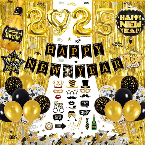 Silvester Deko 2025, Neujahr Deko 2025, Happy New Year Banner, Schwarz Gold Konfetti Ballons 2025 Folienballon, Vorhänge, Fotorequisite Silvesterparty