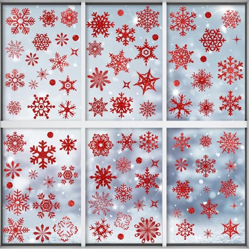 Schneeflocken rot Fensterbild Fensterdeko Fensterbilder 93 pcs Wiederverwendbar Selbstklebend Statisch PVC Aufkleber Schneeflocke Fensterbild Winter Deko Weihnachtsdeko