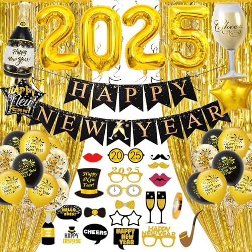 GYESXYW Silvester Deko 2025, Schwarz Gold Neujahr Deko 2025 Happy New Year Banner, 2025 Folienballon Konfetti Luftballons, Glitzer Vorhänge, 2025 Foto Requisite Party Dekoration Set für Silvesterparty