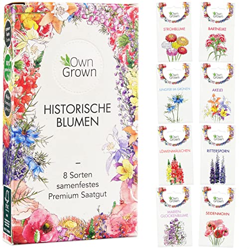 OwnGrown Blumensamen-Set - 8 Historische Blumen Samen Sorten - Mohnsamen, Akelei, Rittersporn, Glockenblumen, Strohblumen, Löwenmäulchen Pflanzenliebhaber und Blumenfreunde