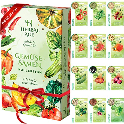 HERBAL AGE Gemüsesamen Pflanzen Box, 12 Sorten Saatgut, 5100 Stk Gemüse Samen Mix - Zucchini, Paprika, Radieschen, Salat Samen - Garten & Balkon Samen Gemüse, Damen, Herren, Kinder Saat Geschenk