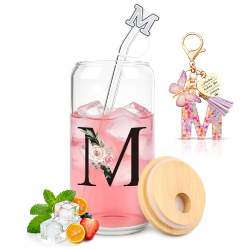 TUZELIYA M Personalisiert Personalisierte Geschenke mit Buchstaben – Glasbecher mit Deckel & Strohhalm + Schlüsselanhänger Buchstabe, Geschenk für Frauen & Mädchen, Geburtstag, Valentinstag