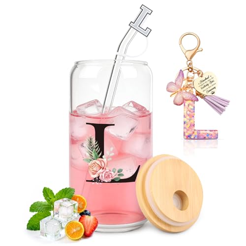 TUZELIYA A-Z Personalisierte Geschenke mit Buchstaben – Glasbecher mit Deckel & Strohhalm + Schlüsselanhänger Buchstabe, Geschenk für Frauen & Mädchen, Geburtstag, Valentinstag & Weihnachten, L