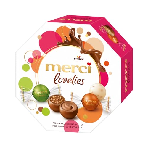 merci lovelies Classic – 1 x 185 g – Pralinen-Schachtel mit 5 gefüllten Schokoladen-Spezialitäten – Schokokugeln zum Teilen & Verschenken
