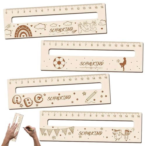 PIujsym 8 Stück Holzlineal Schulkind Set - Schultüte Füllung Für Mädchen & Jungen - Einschulung Geschenk & Geschenke Zur Einschulung, Schultüte Jungen Mädchen, 4 Motive ABC Fußball