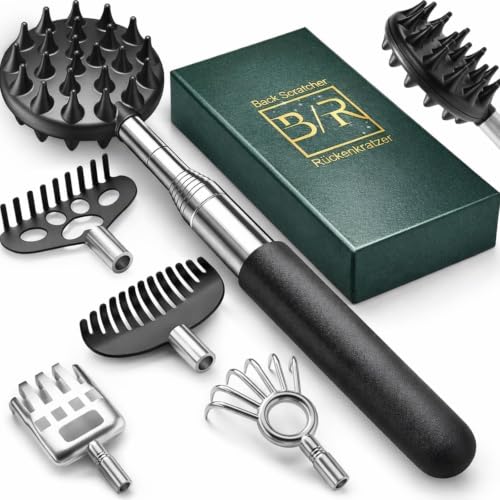 Rückenkratzer Ausziehbar, 5 Abnehmbare Köpfe, Verstärkter Edelstahlgriff | Praktisches Geschenk für Papa oder Ehemann, für Geburtstag und Alltag. Geschenke für Männer, Weihnachtsgeschenke für Männer
