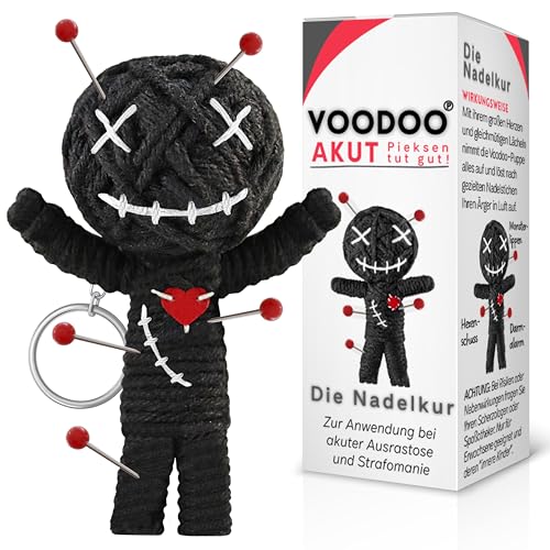 GLÜCKSGUT® Voodoo Puppe mit Nadeln | 7,5cm | Geschenkbox & Anleitung | Scherz-Medikament | Büro Geschenk für Kollegen Kollegin Chef | Anti Stress | Abschied | Büro Uni Studium